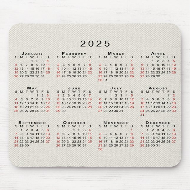 2025 Kalender Beige Faux Canvas Struktur Musmatta (Framsidan)