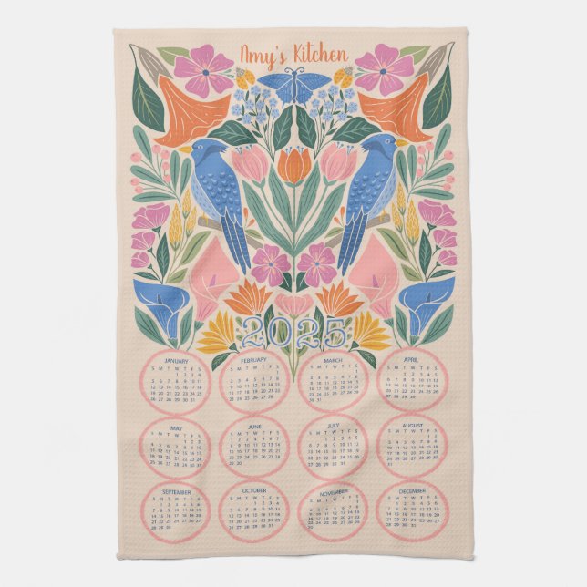 2025 Kalender - Blue Jay and Blooms Kökshandduk (Vertikal)