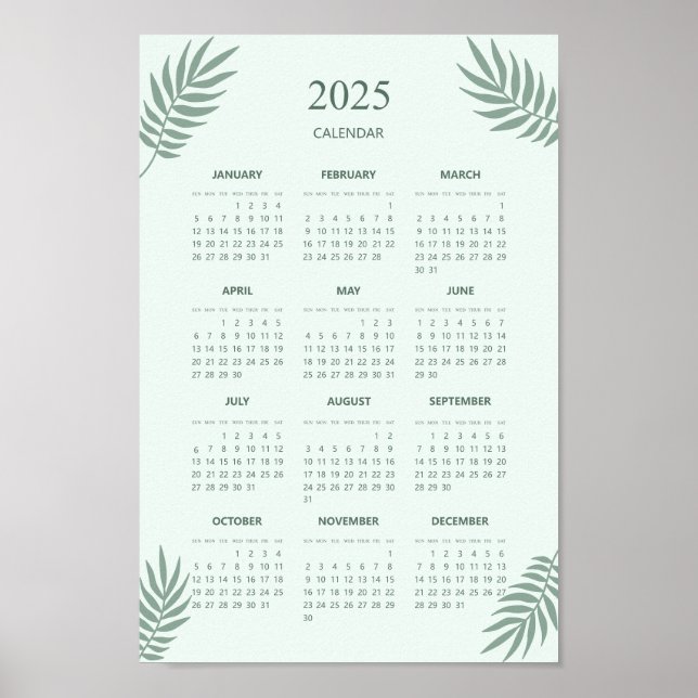 2025 Kalender Boho Blommig Estetik Mintgrön Poster (Framsidan)
