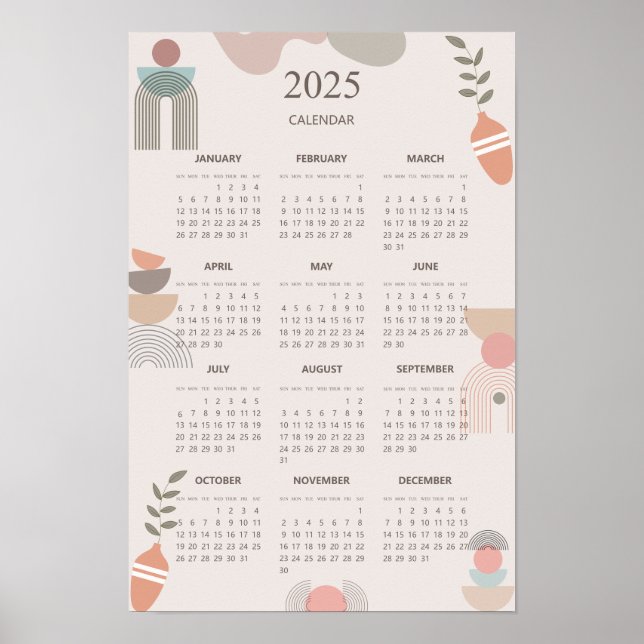 2025 Kalender Boho Mid Century Abstrakt Minimalist Poster (Framsidan)