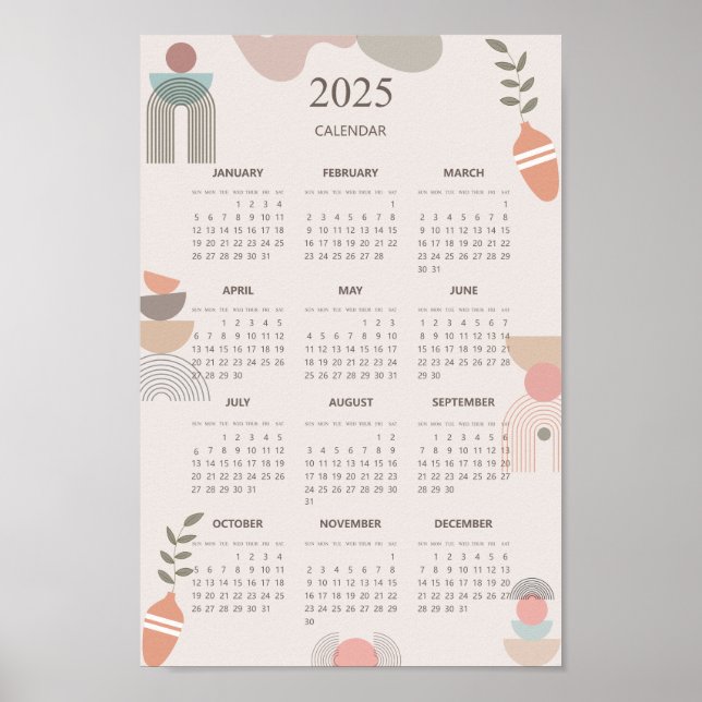2025 Kalender Boho Mid Century Abstrakt Minimalist Poster (Framsidan)