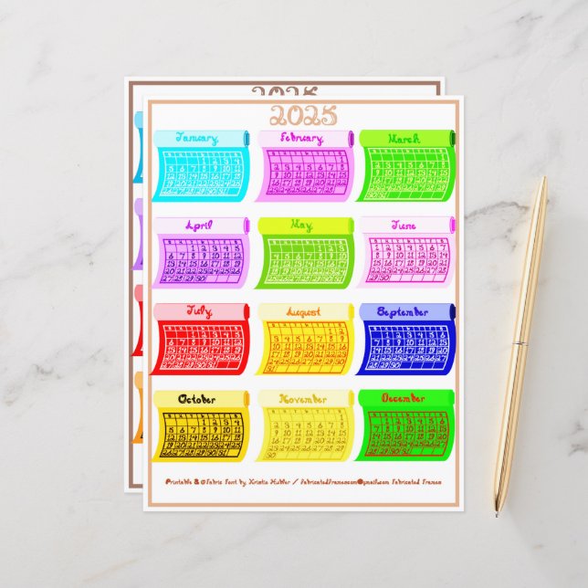2025 Kalender Bolt Fabric-teckensnitt 12 Färg måna (Fram/Back In Situ)