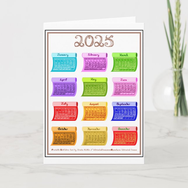 2025 Kalender Bolt Tyg Font 12 Färg Månader Kort (Framsida)