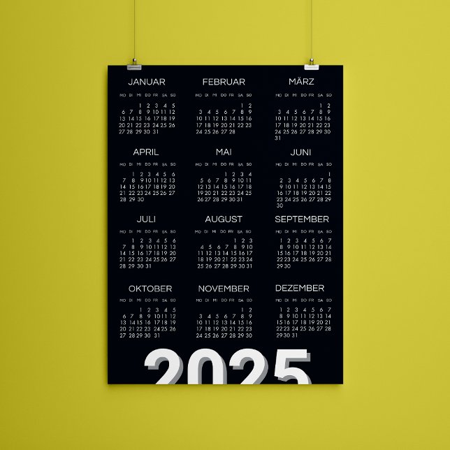 2025 Kalender Deutsch Black and White Magnetisk Inbjudningskort (2025 Kalender Deutsch Black And White Magnetic Invitation)