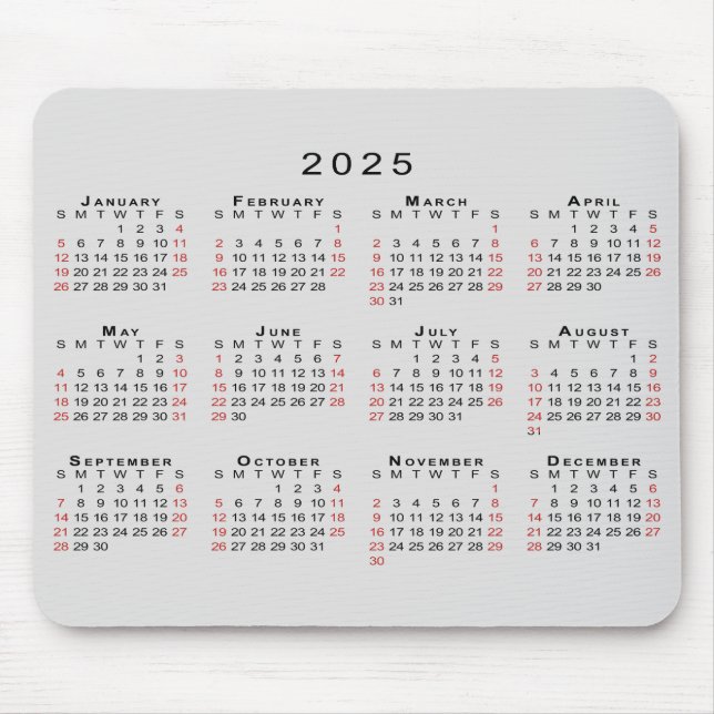2025 - kalender - enkel Grått Black Red Musmatta (Framsidan)
