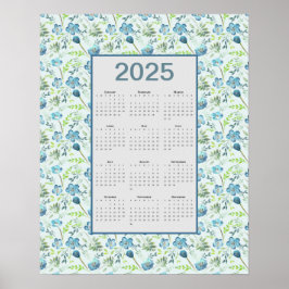 2025 Kalender - Fullt - blå Blommigt Poster