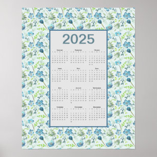 2025 Kalender - Fullt - blå Blommigt Poster
