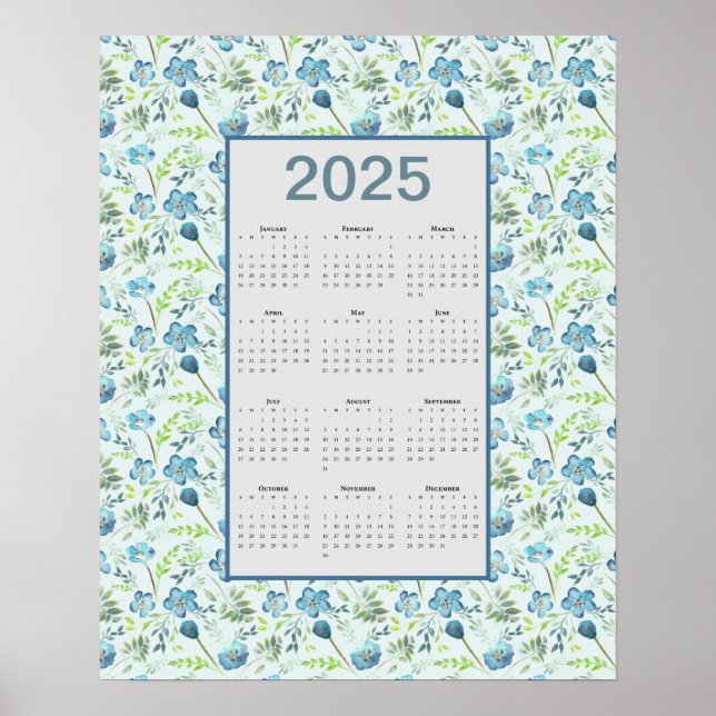 2025 Kalender - Fullt - blå Blommigt Poster (Framsidan)