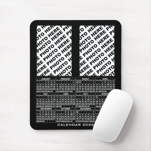 2025 Kalender Lägg till 2 Lodräna Foton, svart Musmatta (Med mus)