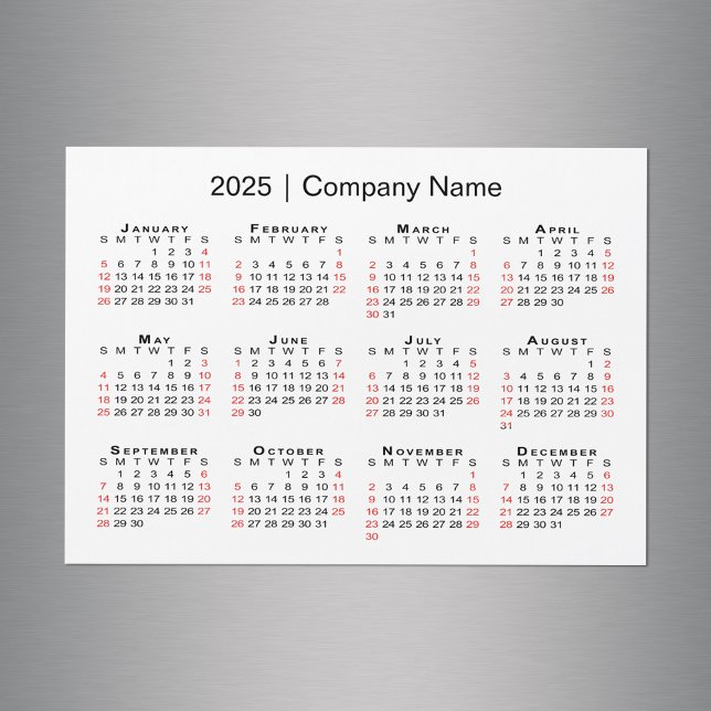 2025-kalender med Business Namn White Magnet (2025 Calendar with Business Name White Magnet, in situ)