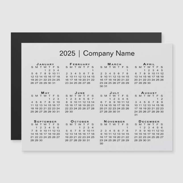 2025 Kalender med företaget Namn Grått Magnet (Fram/baksida)