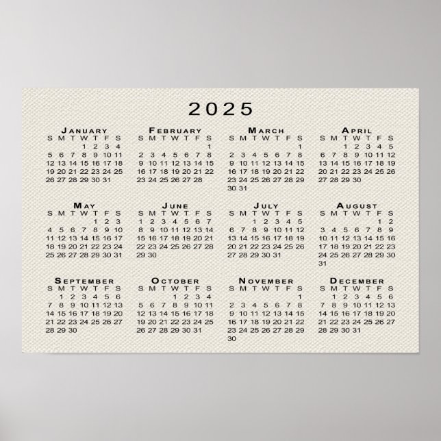 2025 Kalender över Faux Canvas Struktur-mallen Poster (Framsidan)