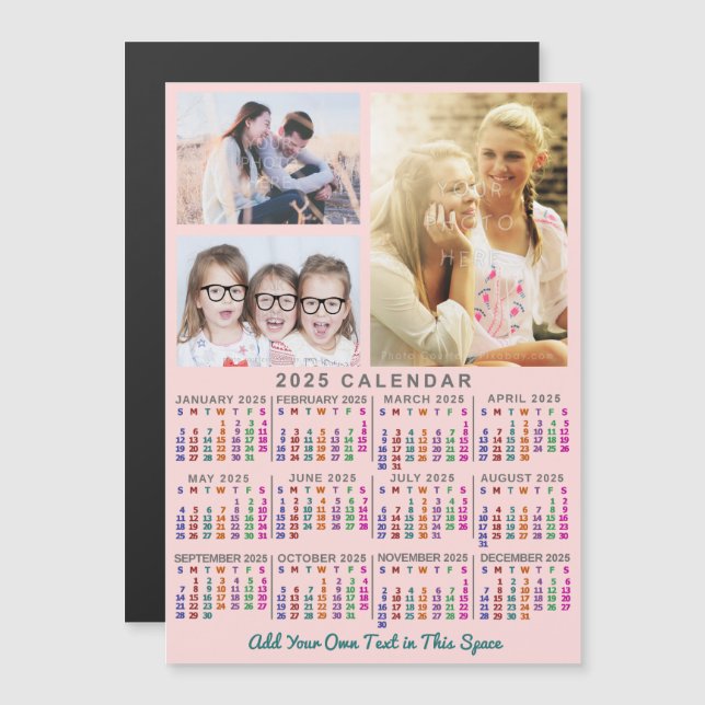 2025 Kalenderår Färgfull Rosa Anpassningsbar 3 Fot Magnetisk Inbjudningskort (Fram/baksida)