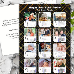 2025 Kalenderfamilj 12 Photo Modern Black Guld Helg Vykort