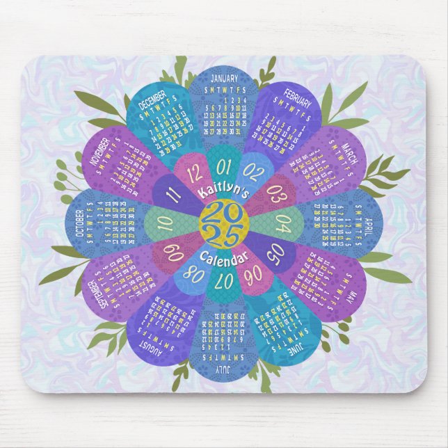 2025 Kalenderns unika Boho Lila Flower-Anpassnings Musmatta (Framsidan)