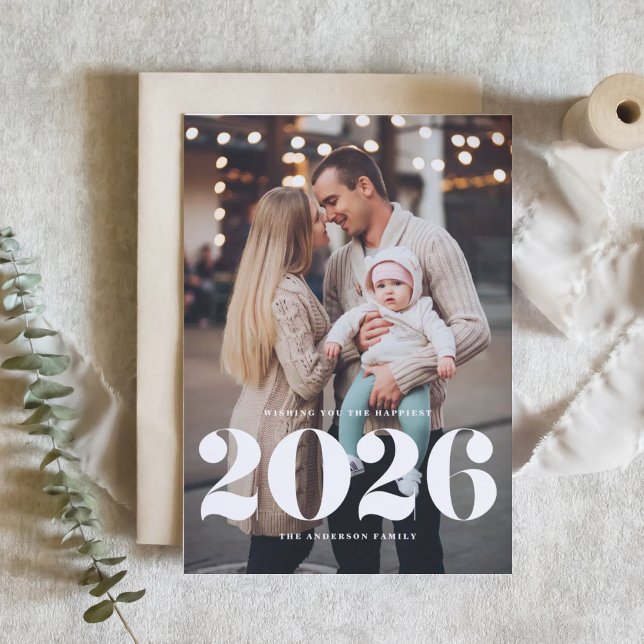 2025 Lodrät med fetstil - nytt foto Helgkort (Ring in 2026 with this Happy New Year vertical photo card featuring 2026 in retro typography. )