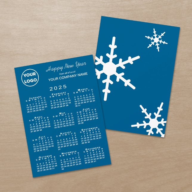 2025 - Logotyp - blått snöflingor Julkort (2025 Calendar Business Logo Blue Snowflake Holiday Card, front/back)