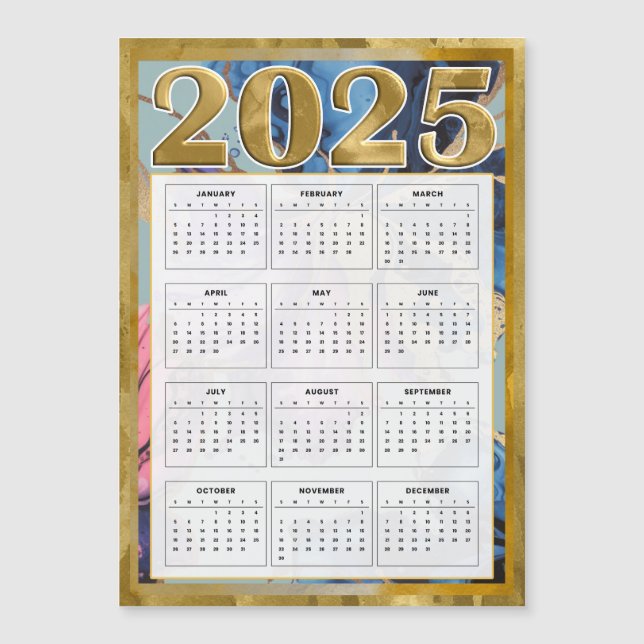 2025 Magnetisk kalender för Fridge Guld Rosa Blue Magnetisk Inbjudningskort (Framsida)
