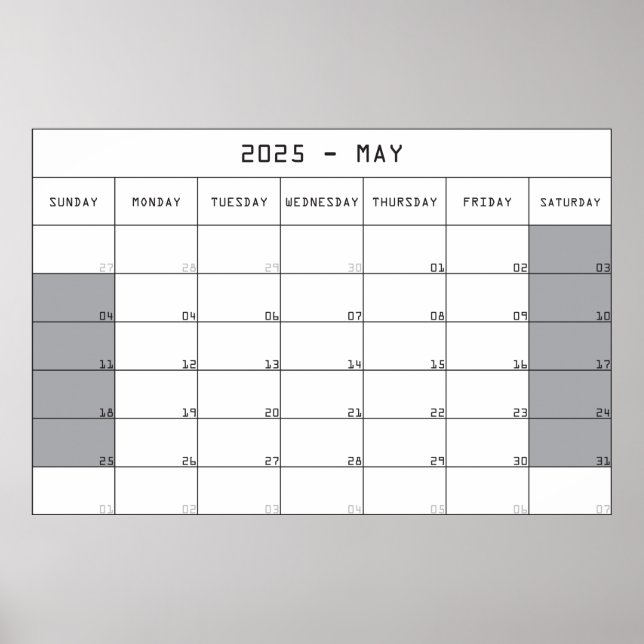 2025 maj planer kalender stort anteckningsutrymme poster (Framsidan)