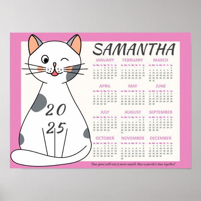 2025 Månadskalender Söt Rosa Lekfull Vit Katt Poster (Framsidan)