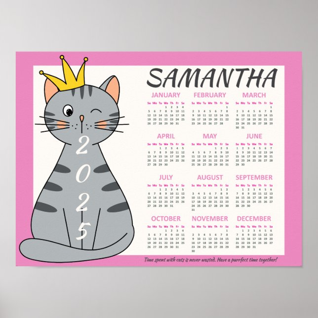 2025 Månadskalender Söt Rosa Namn Lekfull Katt Poster (Framsidan)