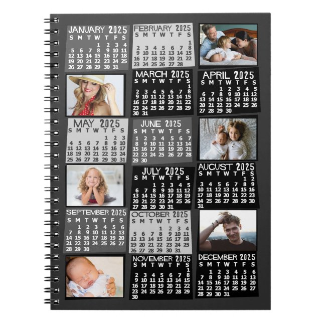 2025 Månadskalender Svart Mod 6 Fotokollage Anteckningsbok (Framsidan)