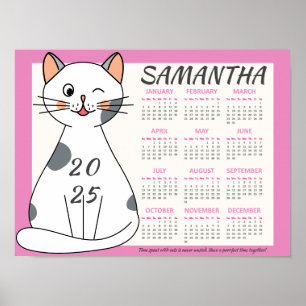 2025 Månatlig kalender Cute Rosa Playful White Cat Poster