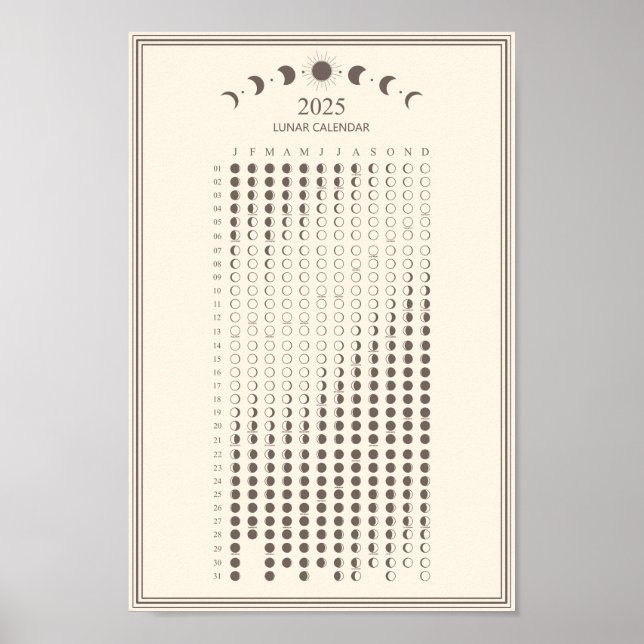 2025 Månfas Lunar Cyklers Minimalist Kalender  Poster (Framsidan)