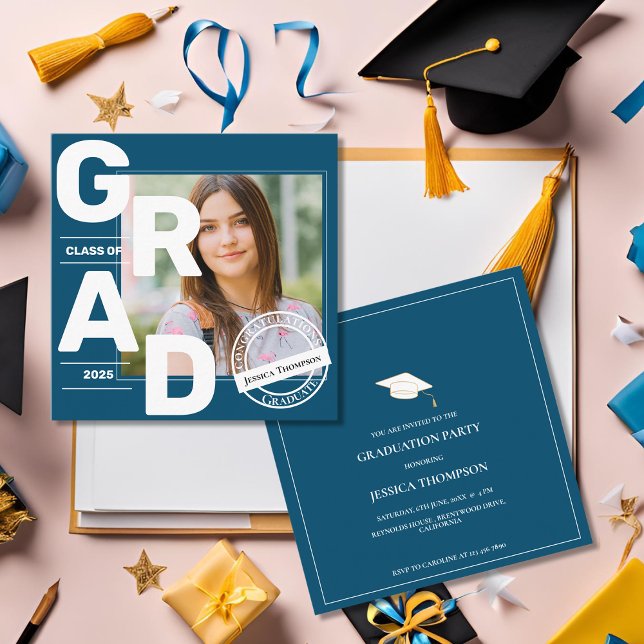 2025 Mini Blå Fotografi Examen Inbjudan (2025 Mini Photo Blue Graduation Invitation)