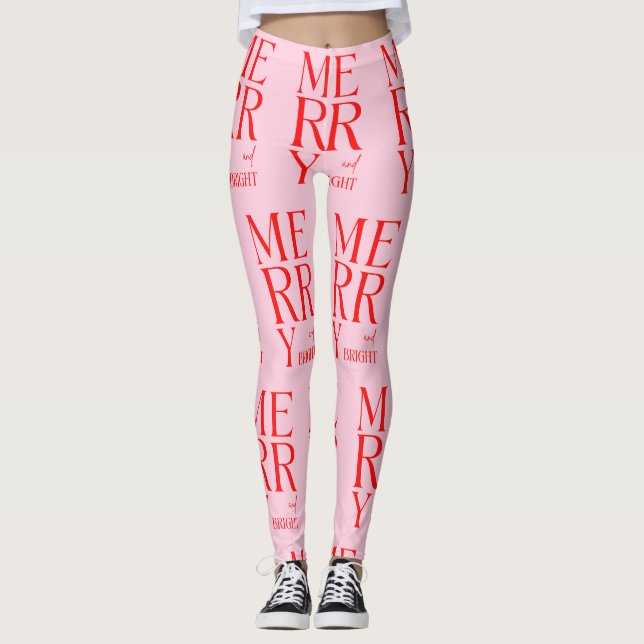 2025 Modern Merry and Bright Red Pink Christmas Leggings (Framsida)