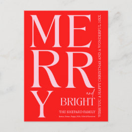 2025 Modern Merry and Bright Red Rosa Jul Helg Vykort
