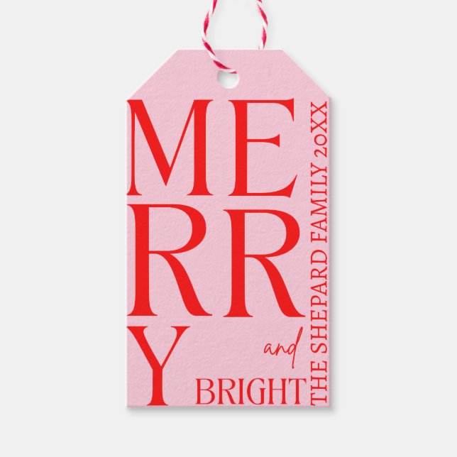 2025 Modern Merry and Bright Red Rosa Jul Presentetikett (Framsidan)