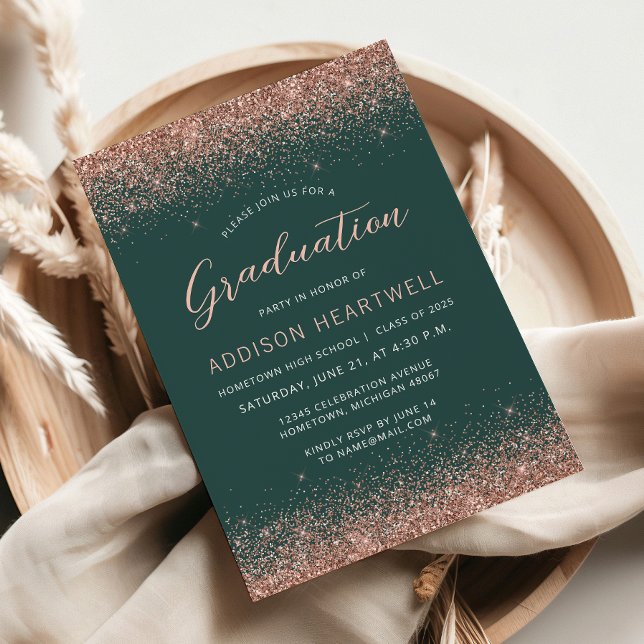 2025 Mörkgrön Rosa Guld Glitter Examenstårtor Inbjudningar (Skapare uppladdad)