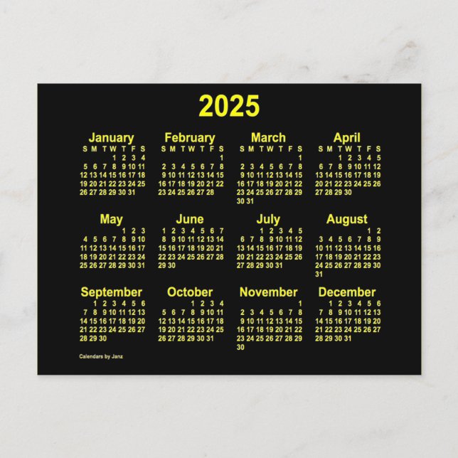 2025 Neon Gul Mini Kalender av Janz Vykort (Framsida)