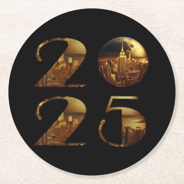 2025 New Years Party-Ball-NYC Gold- Underlägg Papper Rund (Framsidan)