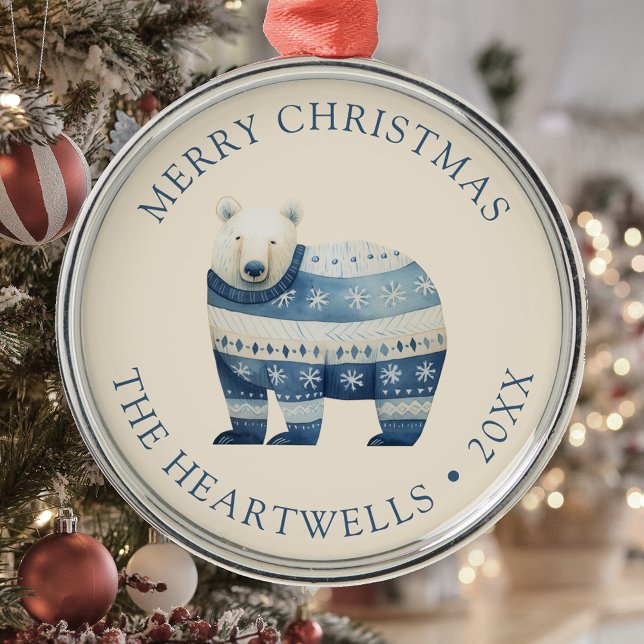 2025 Personalized Blue Polar Bear Merry Christmas Julgransprydnad Metall (Skapare uppladdad)