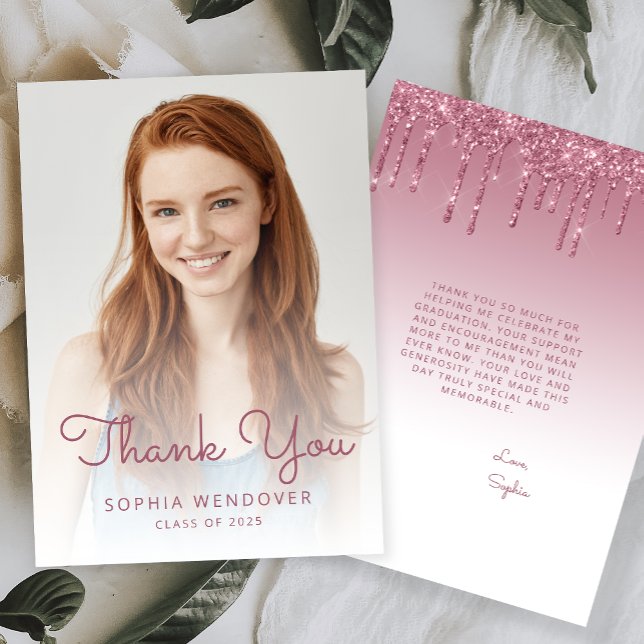 2025 Photo Burgundy Glitter Drip Studenten Tack Kort (Skapare uppladdad)