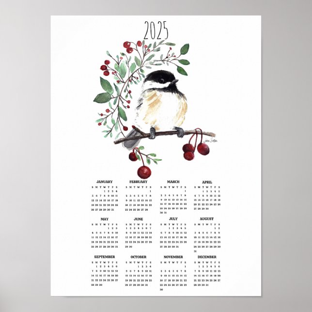 2025 Poster Chickadee Berry Gren kalender (Framsidan)