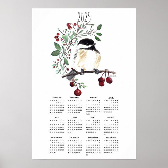 2025 Poster Chickadee Berry Gren kalender (Framsidan)