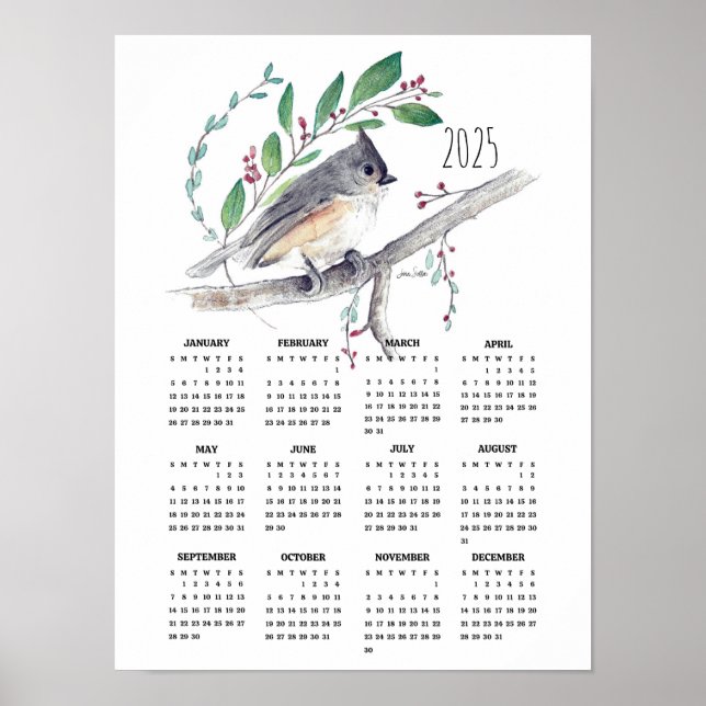 2025 Poster kalender för Cute Tuftad timus (Framsidan)