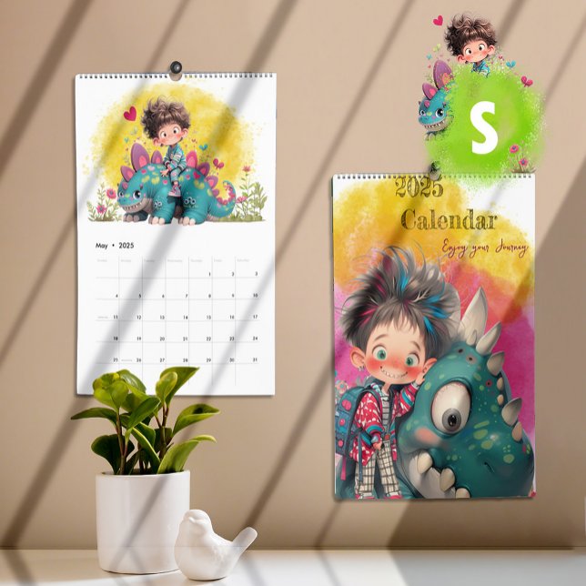 2025 Quirky Boy & Dinosaur Tecknad Kalender (Quirky Boy & Dinosaur Cartoon Calendar - small)