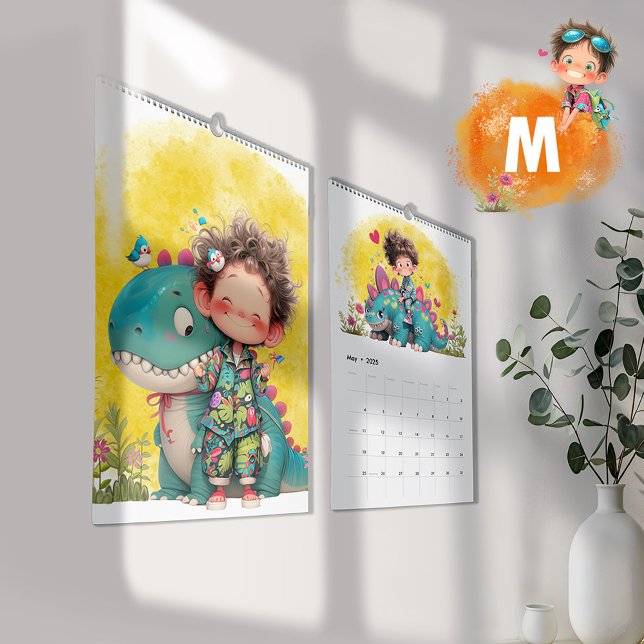 2025 Quirky Boy & Dinosaur Tecknad Kalender (Quirky Boy & Dinosaur Cartoon Calendar- Medium)