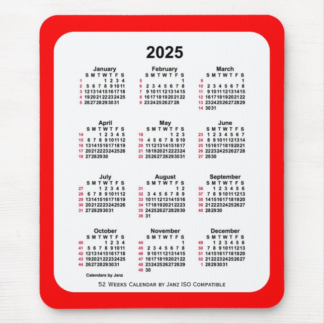 2025 Red 52 Weeks ISO Calendar av Janz Two Tone Musmatta (Framsidan)