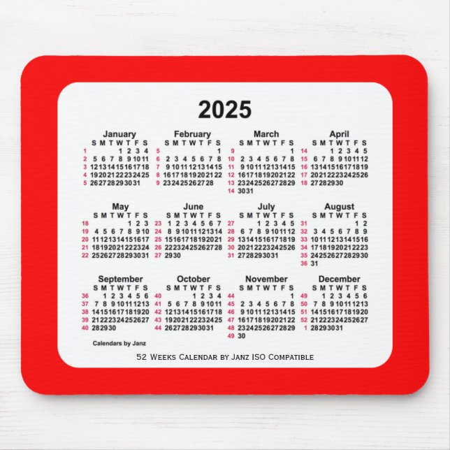 2025 Red 52 Weeks ISO Calendar av Janz Two Tone Musmatta (Framsidan)