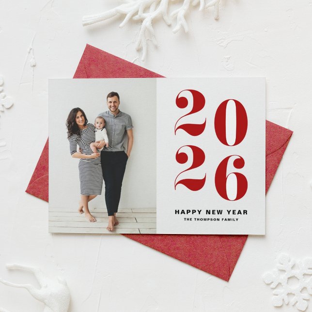 2025 Red Bold Typography - nyårfoto Helgkort (Customizable Happy New Year Photo Card featuring 2026 in red retro bold typography.)