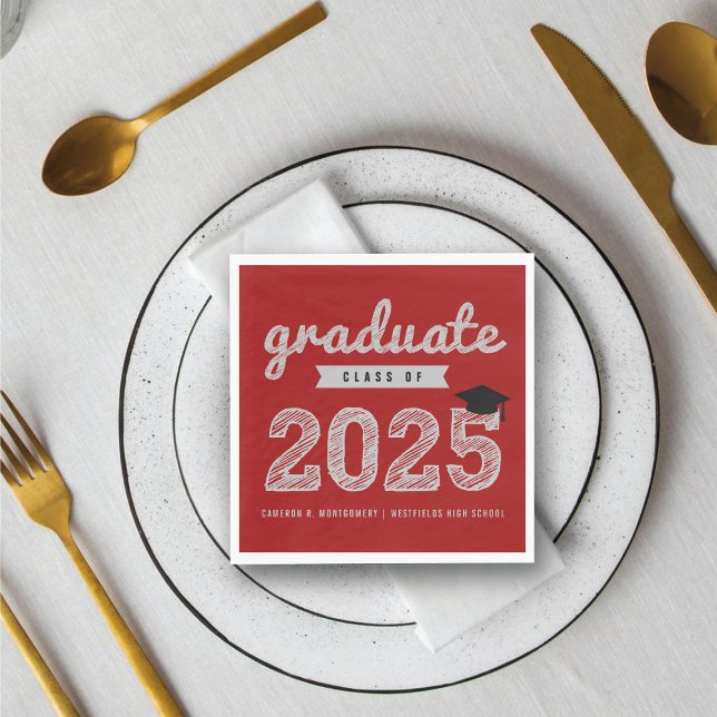 2025 Red Modern Studentfest i fetstil Pappersservett (2025 Bold Gold Sketch Text On Red Modern Graduation Party Paper Napkins @ fatfatin)
