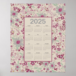 2025 Rosa Grått Blommönster Kalender Poster