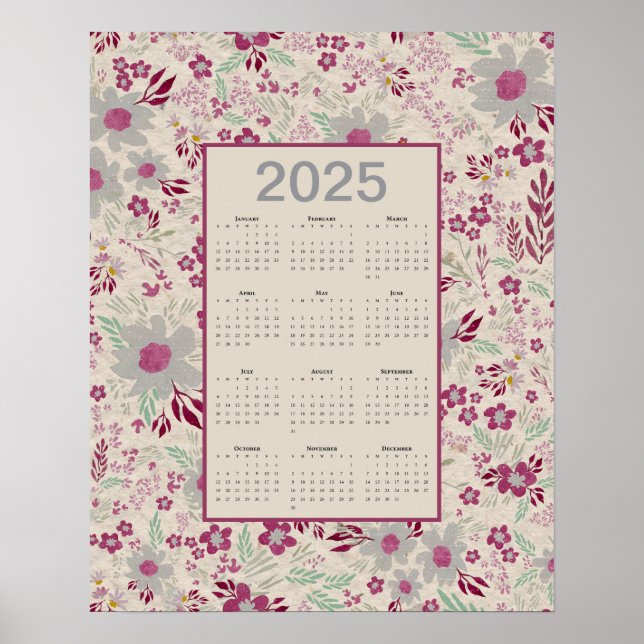 2025 Rosa Grått Blommönster Kalender Poster (Framsidan)