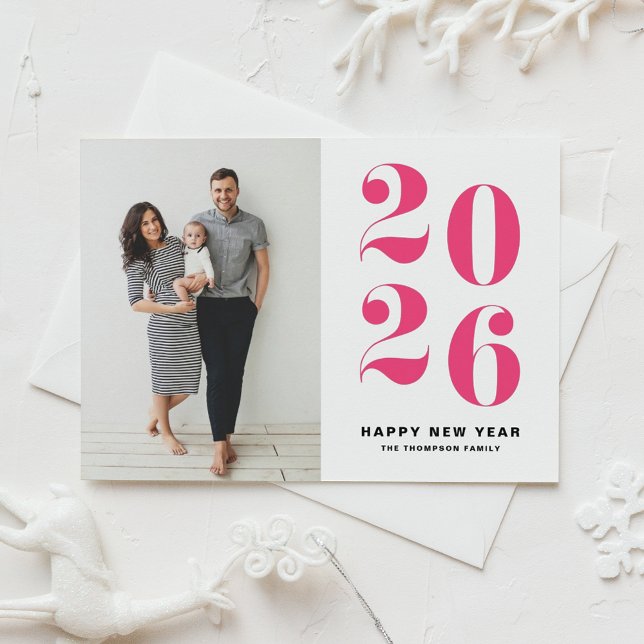 2025-Shock rosa med fetstil, nyårfoto Julkort (Ring in 2026 with this hot pink Happy New Year Photo Card featuring retro bold typography.)