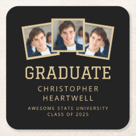 2025 Student 3-foto, svart och Guld Underlägg Papper Kvadrat